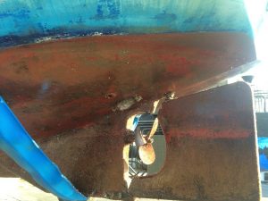Cleaned prop and rudder on a macwester bilge keel sailing boat prior to applying antifoul paint