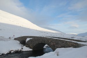 Snowy Bridge along A93 Cairngorms. Scotland
