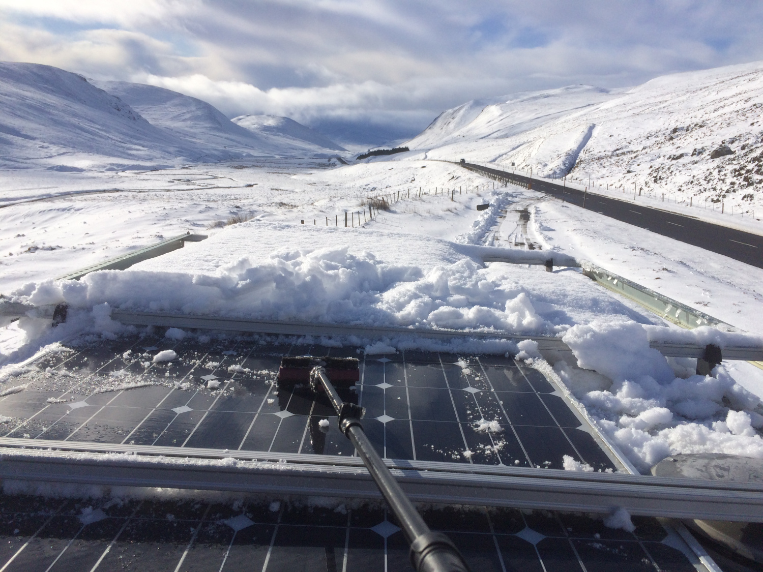 Snow on Solar Panels, Self Build Camper in Scotland
