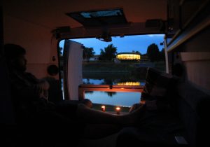 Across the Danube. Touring Europe - European Road Trip in a self build Citroen Relay camper van. The photographs shows the width of The Relay along with the Peugeot Boxer and Fiat Ducato.