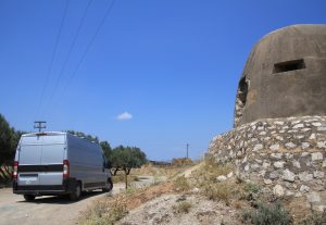 Self build Motorhome based on a Citroen Relay, Fiat Ducato, Peugeot Boxer, Fiat Ducato. Parked alongside a pillbox in Corinth, Road Trip around Europe